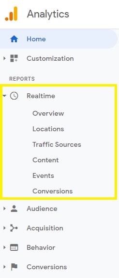 google analytics Realtime reports