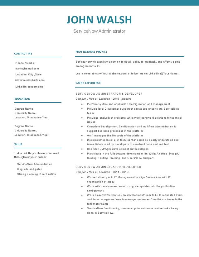servicenow admin resume sample