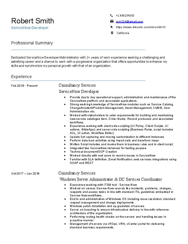 servicenow developer resume sample