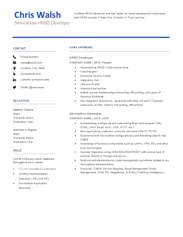 servicenow experience resume