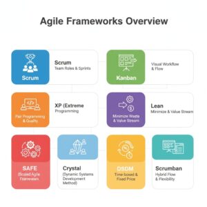 Visual map showing popular Agile frameworks: Scrum, Kanban, XP, Lean, SAFe, Crystal, DSDM, and Scrumban, each with short labels or icons representing their focus (team roles, boards, lean flow, scaling)