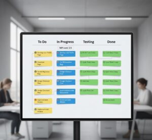 Realistic Kanban board illustration with columns labeled To Do, In Progress, Testing, and Done. Sticky notes or cards move through stages. Include work-in-progress limits and cycle-time indicators