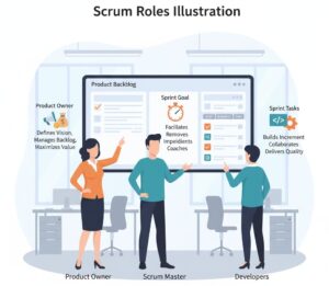 Professional illustration showing the three Scrum roles - Product Owner, Scrum Master, and Developers - collaborating around a whiteboard or digital board, each with labeled responsibilities