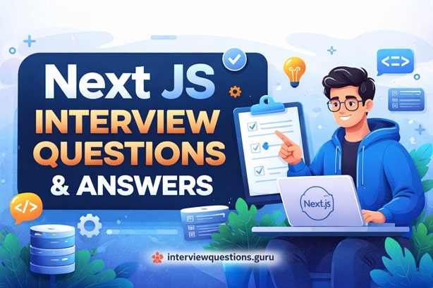 Next.js interview questions and answers featured image with developer and code on laptop