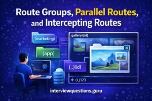 Next.js App Router diagram showing route groups, parallel routes, and intercepting routes modal pattern