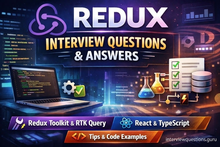 Redux interview questions and answers featured image with Redux Toolkit, RTK Query, React and TypeScript